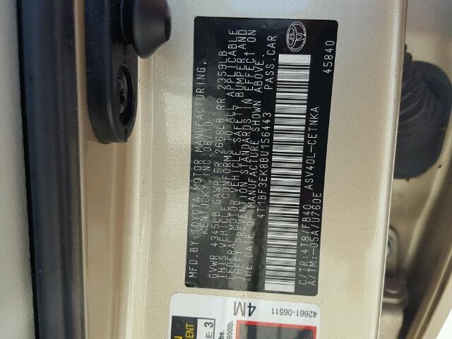 4T1BF3EK8BU156443 - 2011 TOYOTA CAMRY BASE GOLD photo 10