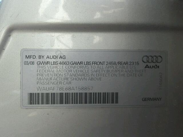 WAUAF78E68A158857 - 2008 AUDI A4 2.0T SILVER photo 10