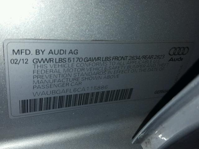 WAUBGAFL6CA115886 - 2012 AUDI S4 PREMIUM SILVER photo 10