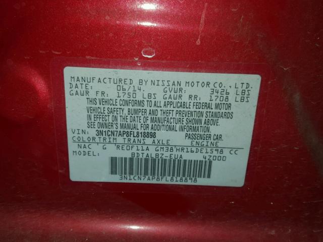 3N1CN7AP8FL818898 - 2015 NISSAN VERSA S RED photo 10