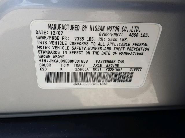 JNKAJ09E68M301858 - 2008 INFINITI EX35 BASE SILVER photo 10