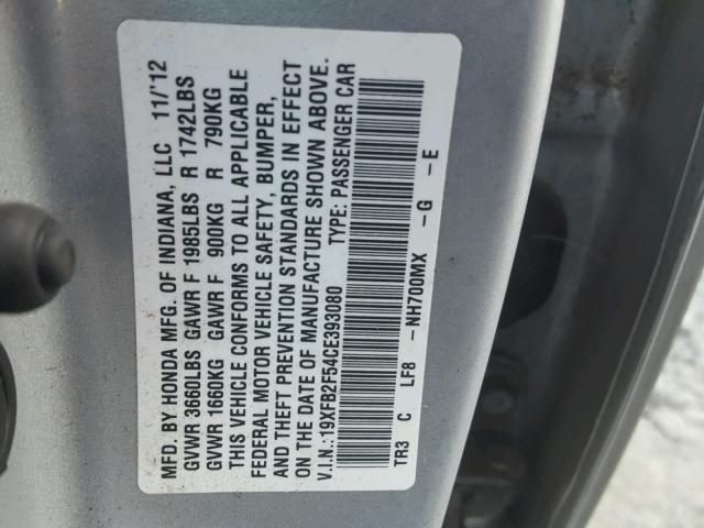 19XFB2F54CE393080 - 2012 HONDA CIVIC LX SILVER photo 10