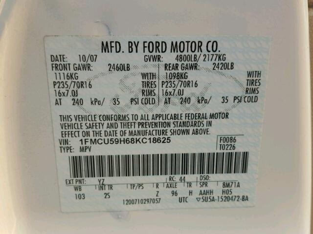 1FMCU59H68KC18625 - 2008 FORD ESCAPE HEV WHITE photo 10