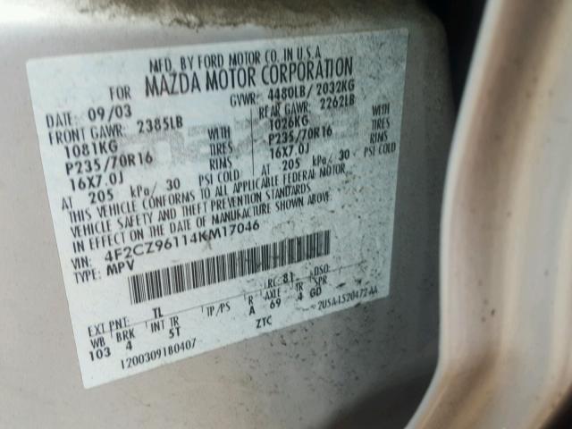 4F2CZ96114KM17046 - 2004 MAZDA TRIBUTE ES 银色 照片 10