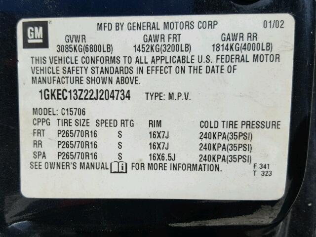 1GKEC13Z22J204734 - 2002 GMC YUKON BLACK photo 10