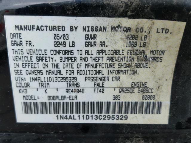 1N4AL11D13C295329 - 2003 NISSAN ALTIMA BLACK photo 10