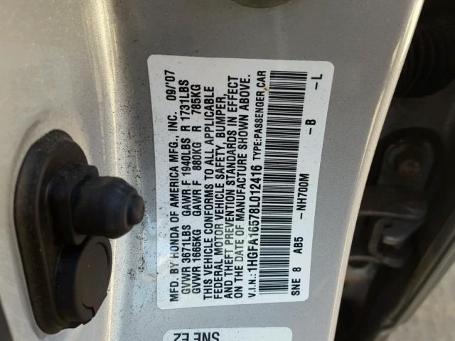 1HGFA16578L012416 - 2008 HONDA CIVIC LX SILVER photo 10