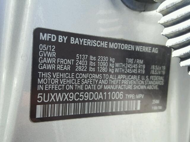 5UXWX9C59D0A11006 - 2013 BMW X3 XDRIVE2 SILVER photo 10