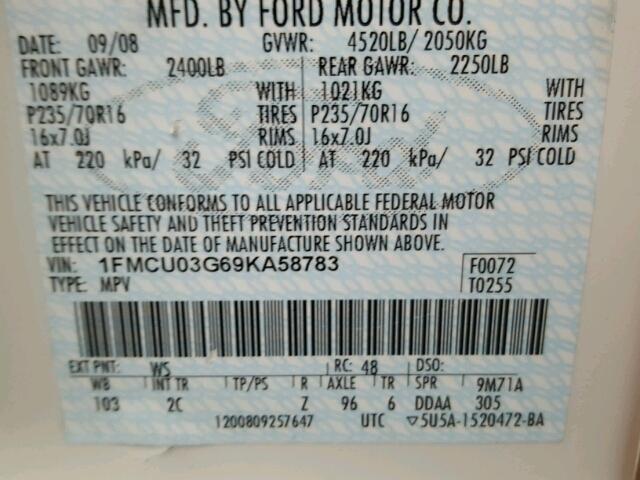 1FMCU03G69KA58783 - 2009 FORD ESCAPE XLT WHITE photo 10