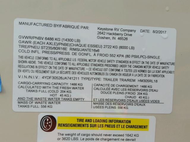 4YDF30526JA741211 - 2018 MONT HIGH COUNT CREAM photo 10