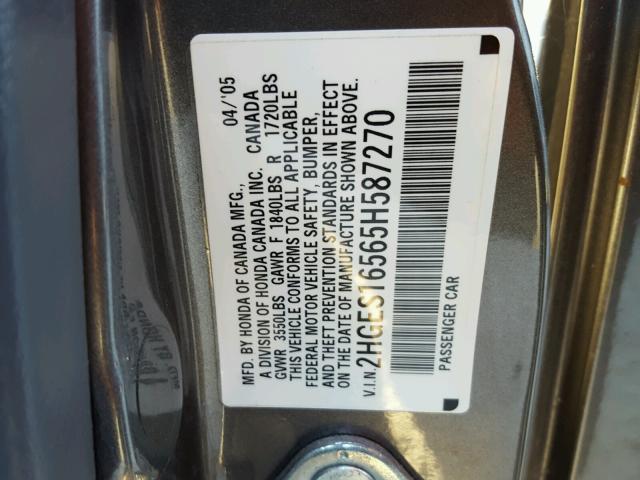 2HGES16565H587270 - 2005 HONDA CIVIC LX GRAY photo 10