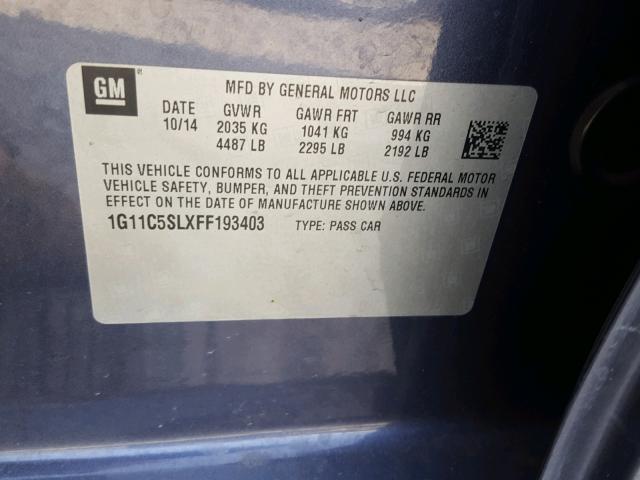 1G11C5SLXFF193403 - 2015 CHEVROLET MALIBU 1LT 蓝色 照片 10