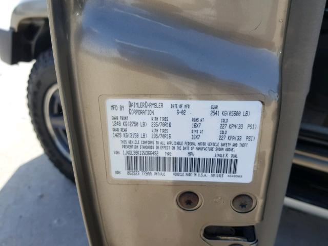 1J4GL38K12W366492 - 2002 JEEP LIBERTY RE GOLD photo 10