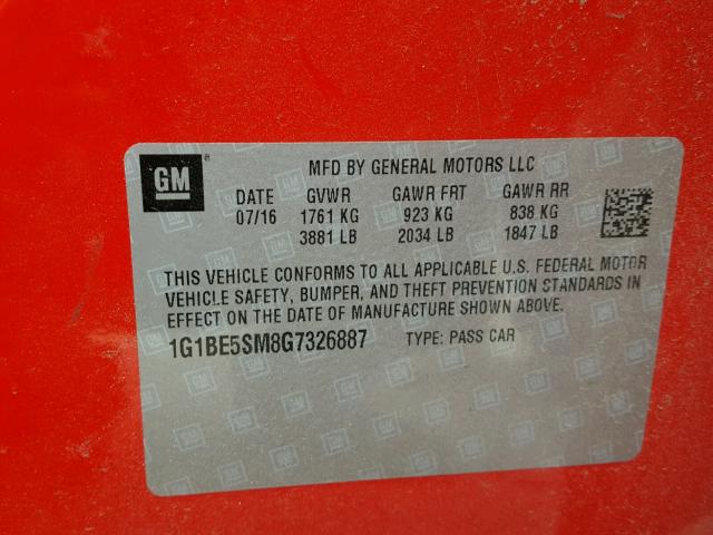 1G1BE5SM8G7326887 - 2016 CHEVROLET CRUZE LT RED photo 10