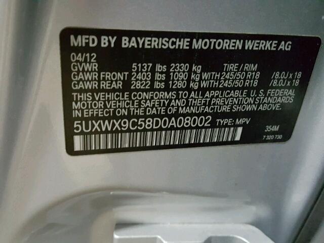 5UXWX9C58D0A08002 - 2013 BMW X3 XDRIVE2 SILVER photo 10