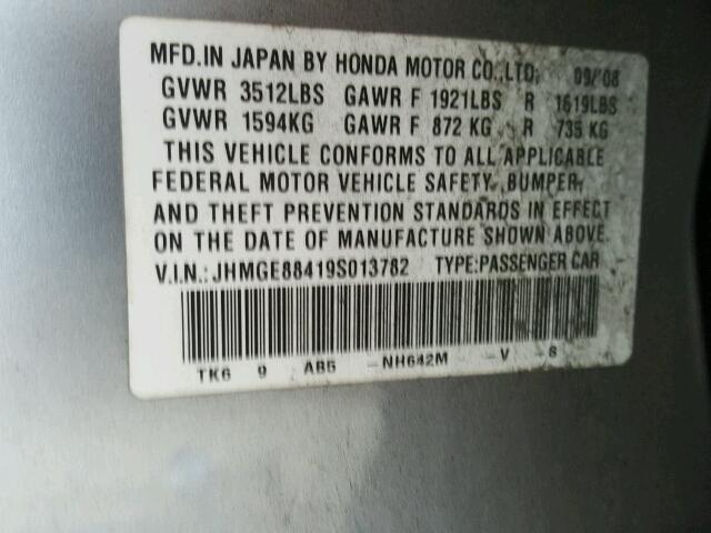 JHMGE88419S013782 - 2009 HONDA FIT SPORT GRAY photo 10