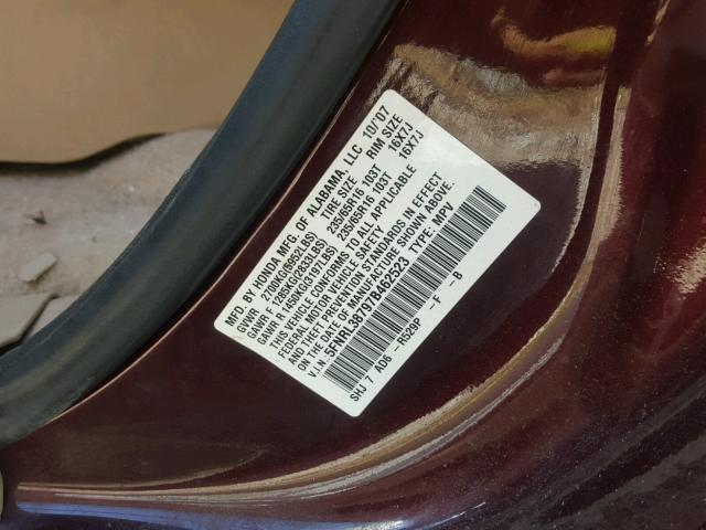 5FNRL38797B462523 - 2007 HONDA ODYSSEY MAROON photo 10