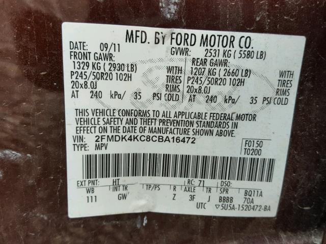 2FMDK4KC8CBA16472 - 2012 FORD EDGE LIMIT BURGUNDY photo 10