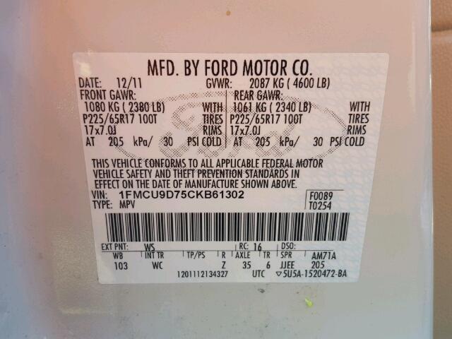 1FMCU9D75CKB61302 - 2012 FORD ESCAPE XLT WHITE photo 10