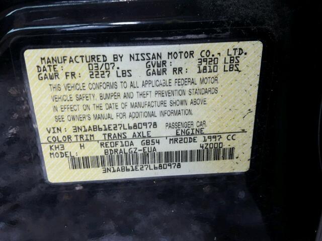 3N1AB61E27L680978 - 2007 NISSAN SENTRA 2.0 BLACK photo 10