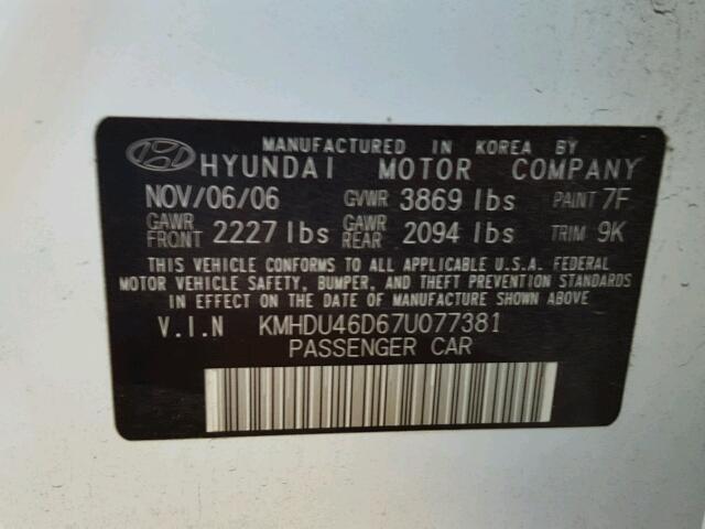 KMHDU46D67U077381 - 2007 HYUNDAI ELANTRA GL WHITE photo 10