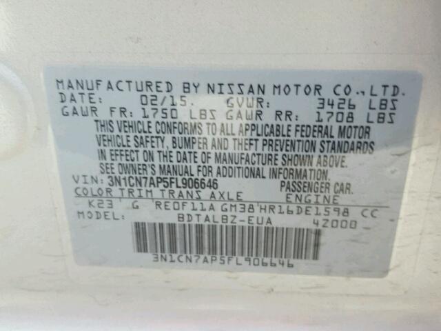 3N1CN7AP5FL906646 - 2015 NISSAN VERSA GRAY photo 10