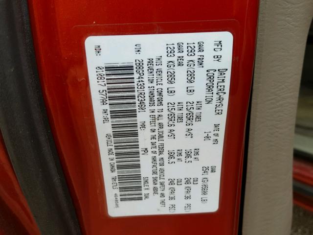 2B8GP44391R234601 - 2001 DODGE GRAND CARA RED photo 10