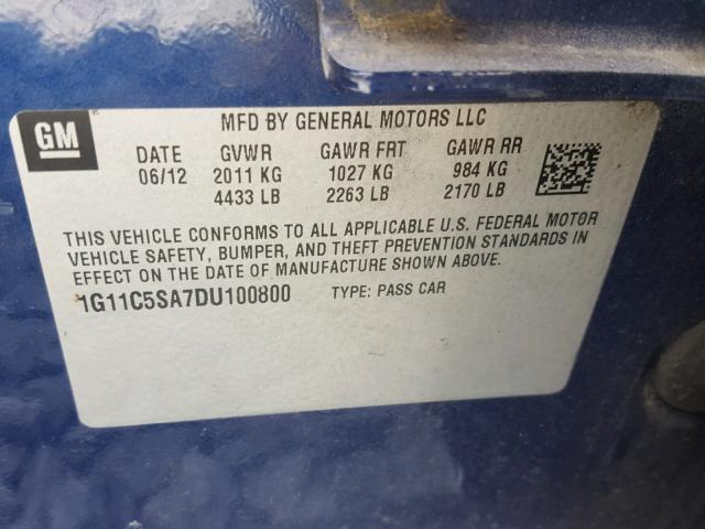 1G11C5SA7DU100800 - 2013 CHEVROLET MALIBU 1LT ლურჯი ფოტო 10