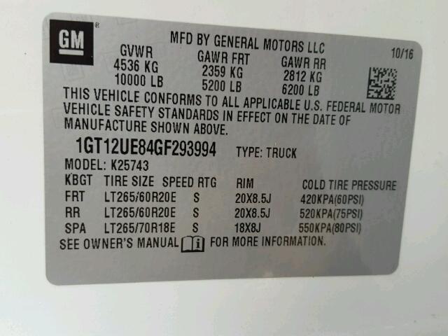 1GT12UE84GF293994 - 2016 GMC SIERRA K25 WHITE photo 10