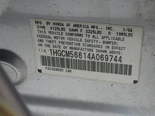 1HGCM56614A069744 - 2004 HONDA ACCORD SILVER photo 10