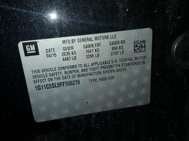 1G11C5SL8FF306278 - 2015 CHEVROLET MALIBU 1LT BLACK photo 10