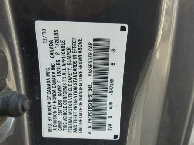 2HGFG1B9XBH511545 - 2011 HONDA CIVIC EXL GRAY photo 10