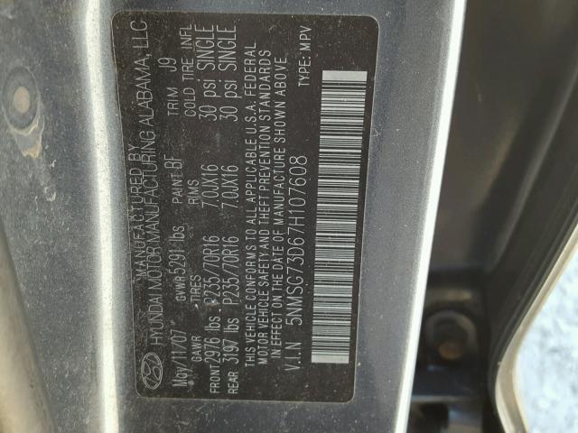 5NMSG73D67H107608 - 2007 HYUNDAI SANTA FE G GRAY photo 10