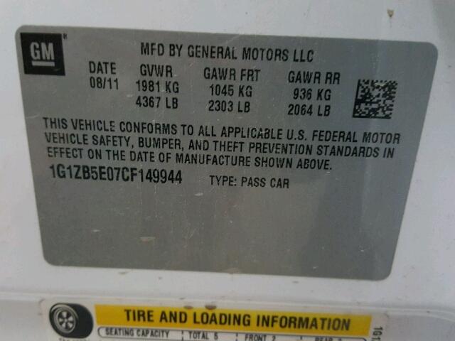 1G1ZB5E07CF149944 - 2012 CHEVROLET MALIBU LS თეთრი ფოტო 10