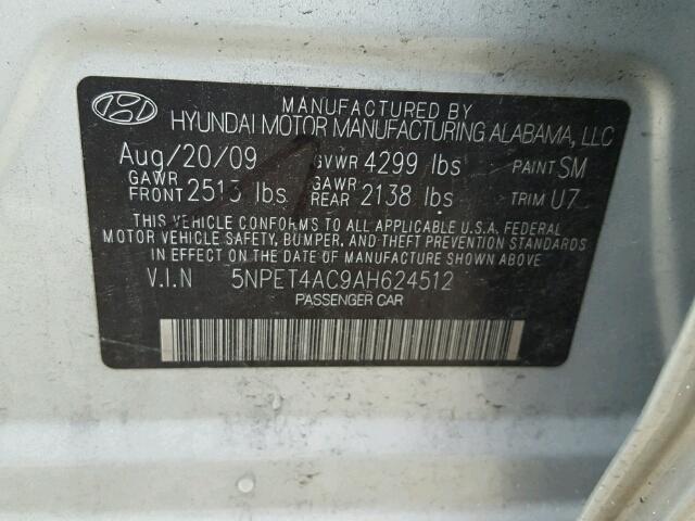 5NPET4AC9AH624512 - 2010 HYUNDAI SONATA GLS SILVER photo 10