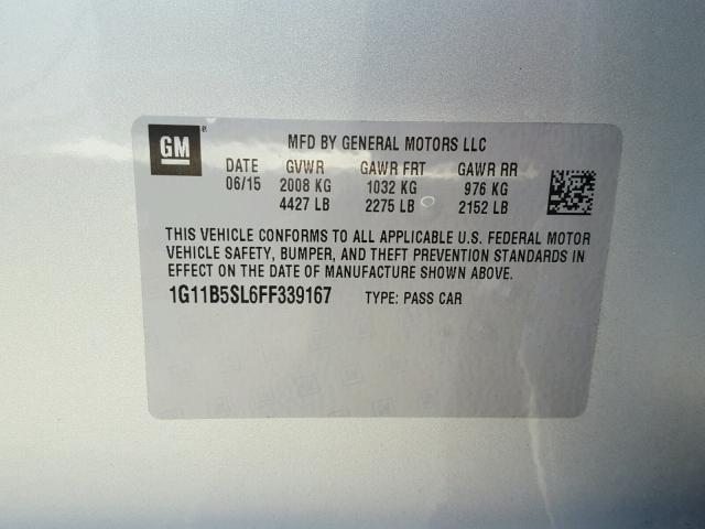 1G11B5SL6FF339167 - 2015 CHEVROLET MALIBU LS ვერცხლისფერი ფოტო 10