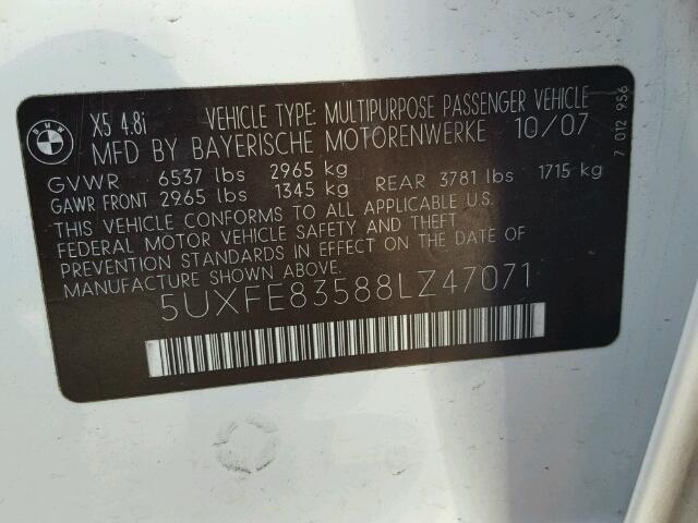 5UXFE83588LZ47071 - 2008 BMW X5 4.8I WHITE photo 10
