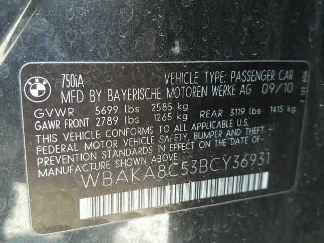 WBAKA8C53BCY36931 - 2011 BMW 750I GRAY photo 10