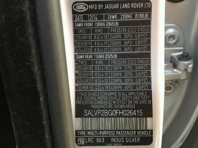 SALVP2BG0FH026415 - 2015 LAND ROVER RANGE ROVE SILVER photo 10