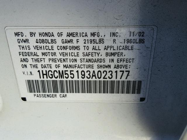 1HGCM55193A023177 - 2003 HONDA ACCORD DX WHITE photo 10