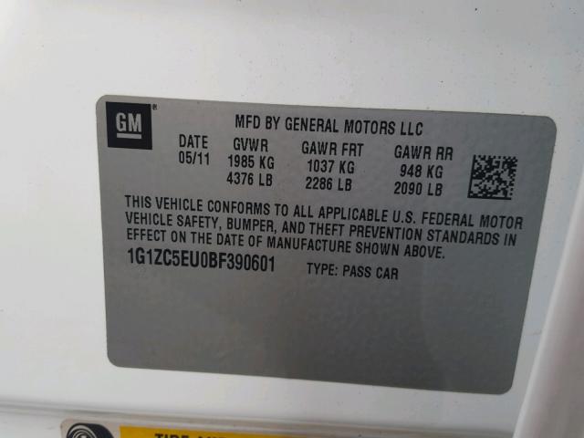 1G1ZC5EU0BF390601 - 2011 CHEVROLET MALIBU 1LT 白色 照片 10