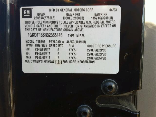 1GKDT13S832365146 - 2003 GMC ENVOY BLACK photo 10