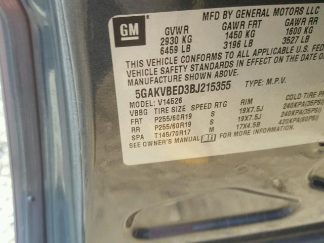 5GAKVBED3BJ215355 - 2011 BUICK ENCLAVE CX GRAY photo 10