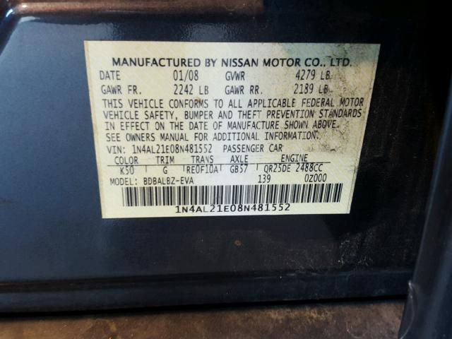 1N4AL21E08N481552 - 2008 NISSAN ALTIMA 2.5 GRAY photo 10