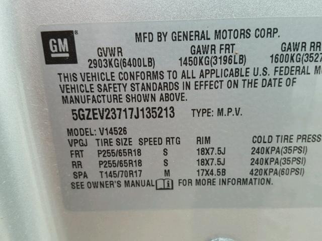 5GZEV23717J135213 - 2007 SATURN OUTLOOK XR ვერცხლისფერი ფოტო 10