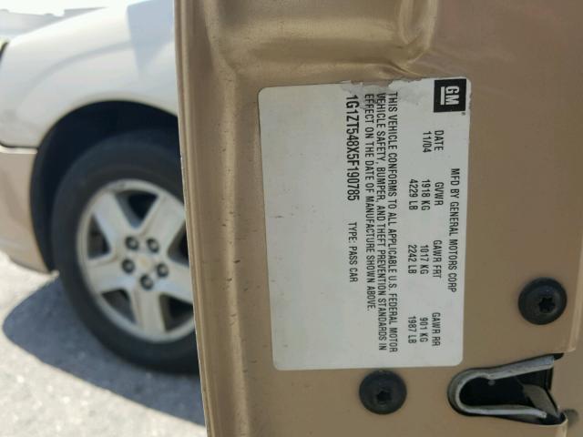 1G1ZT548X5F190785 - 2005 CHEVROLET MALIBU LS GOLD photo 10