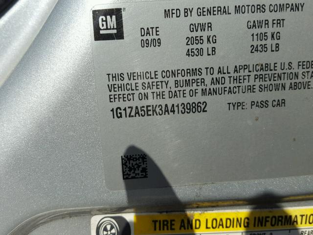 1G1ZA5EK3A4139862 - 2010 CHEVROLET MALIBU LS ვერცხლისფერი ფოტო 10