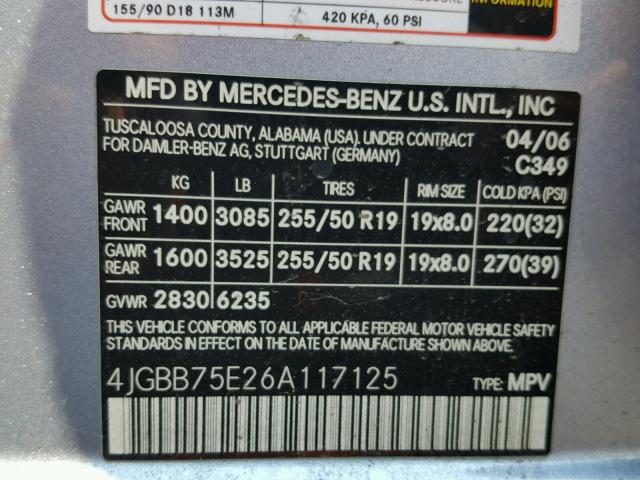 4JGBB75E26A117125 - 2006 MERCEDES-BENZ ML 500 BLUE photo 10