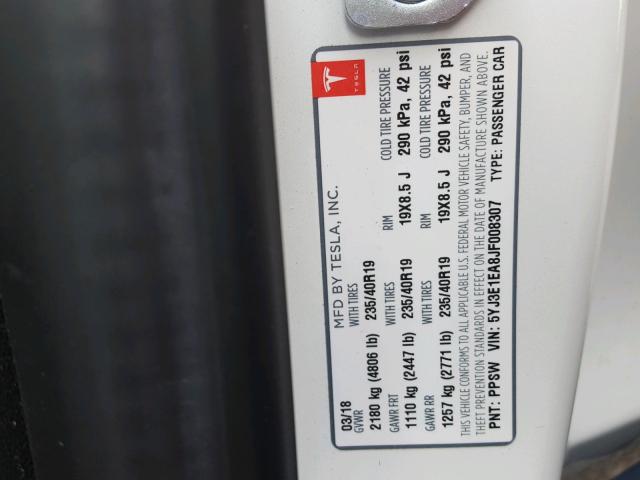 5YJ3E1EA8JF008307 - 2018 TESLA MODEL 3 თეთრი ფოტო 10