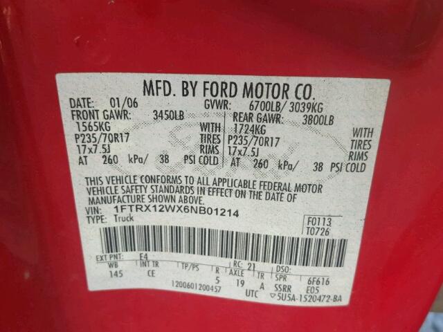 1FTRX12WX6NB01214 - 2006 FORD F150 RED photo 10